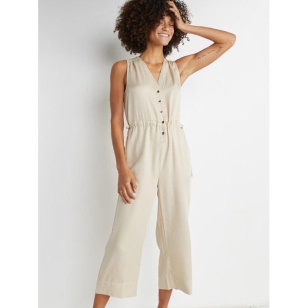 Marine Layer Katy Jumpsuit Tencel Drawstring Waist Wide Leg Beige Neutral Small